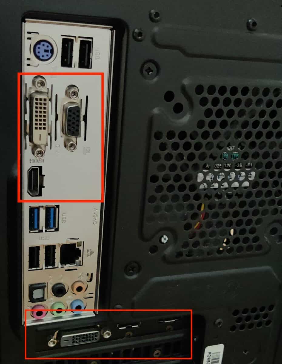 Back of PC with highlighted connections