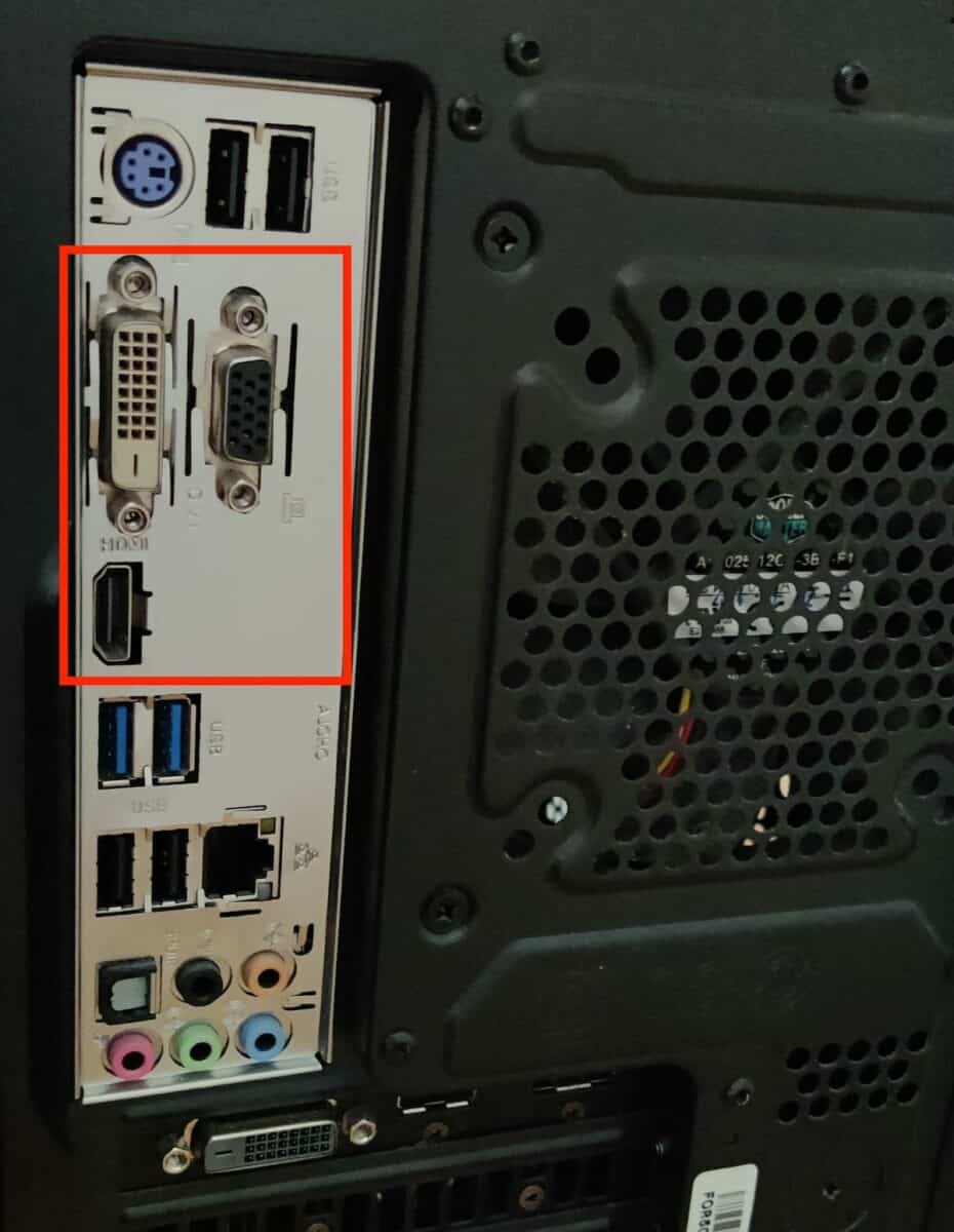 Back of PC with highlighted connections